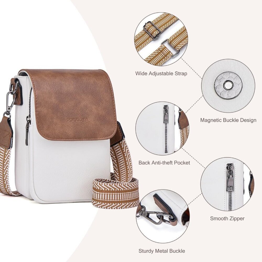 Womens A- Beige+brown Leather Purses Imported Magnetic Snap Crossbody Zipper Bag - Picture 5 of 6